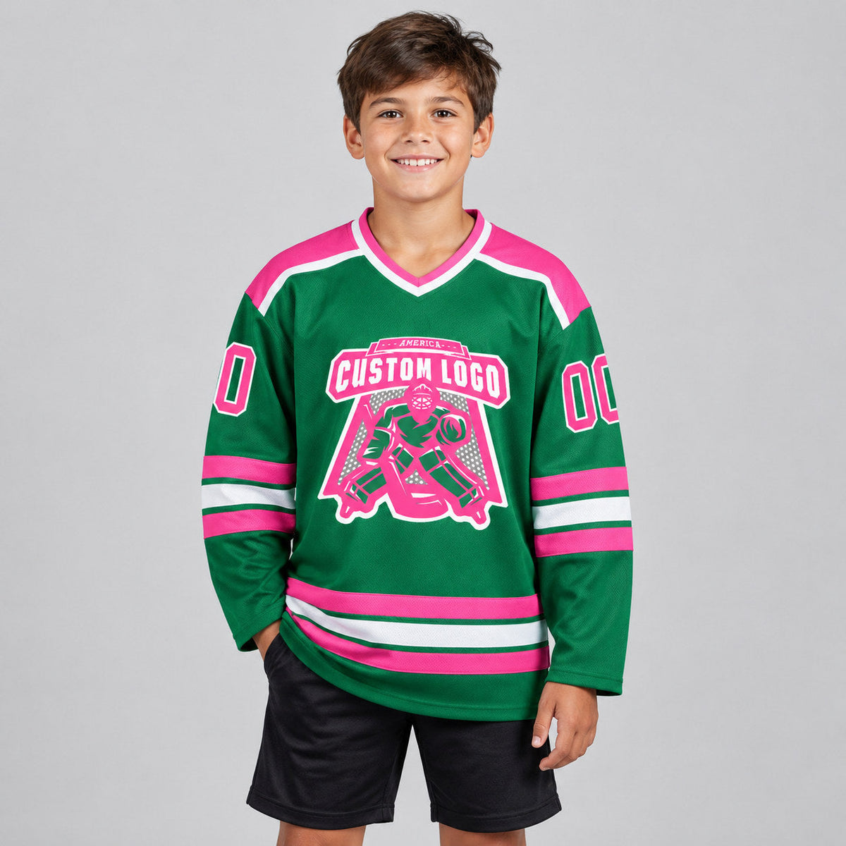 Custom Kelly Green Hockey Jersey with Pink and White Lettering Design 0285 youth size worn by child model