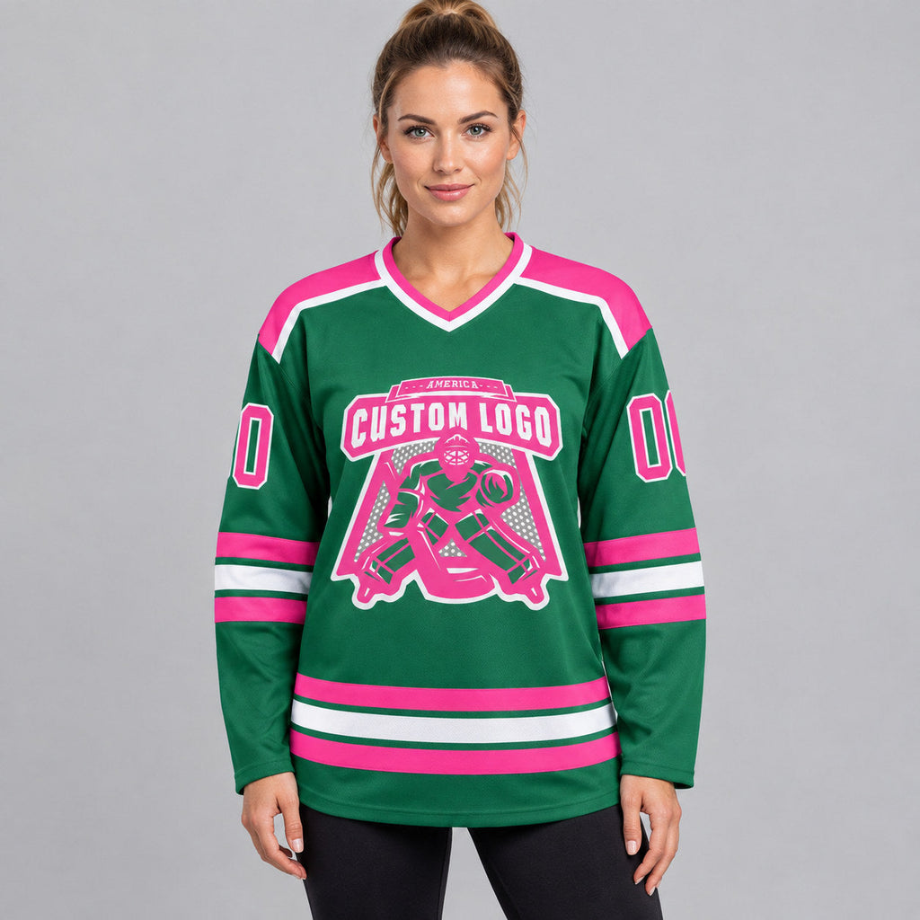 Custom Kelly Green Hockey Jersey with Pink and White Lettering Design 0285 worn by female model
