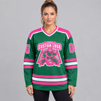Custom Kelly Green Hockey Jersey with Pink and White Lettering Design 0285 worn by female model