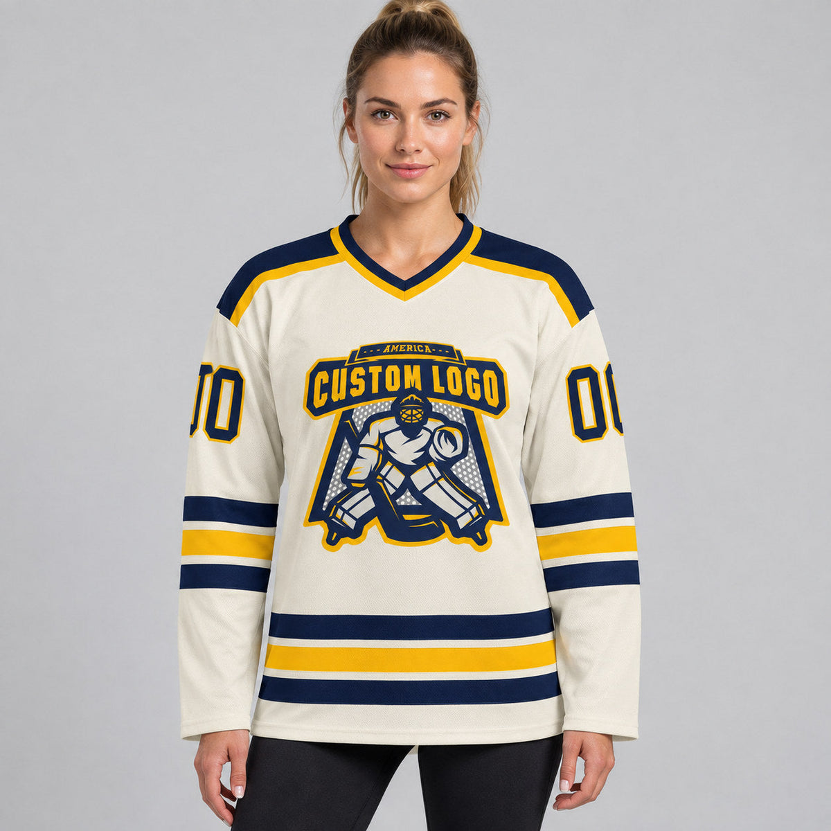Custom Cream Hockey Jersey with Navy and Gold Lettering Design 0300 worn by female model