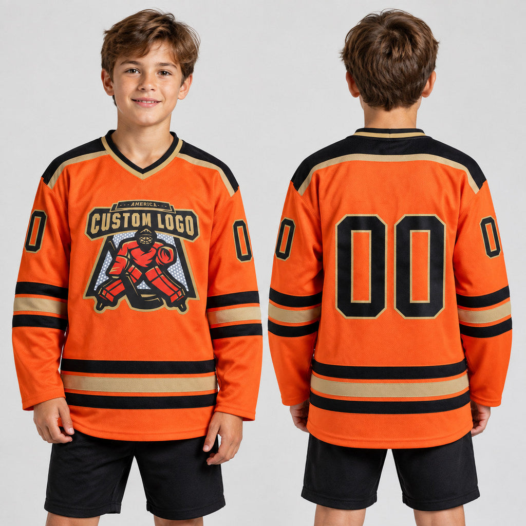 Custom Orange Hockey Jersey with Black and Old Gold Lettering Design 0237 youth size worn by child model