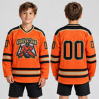 Custom Orange Hockey Jersey with Black and Old Gold Lettering Design 0237 youth size worn by child model