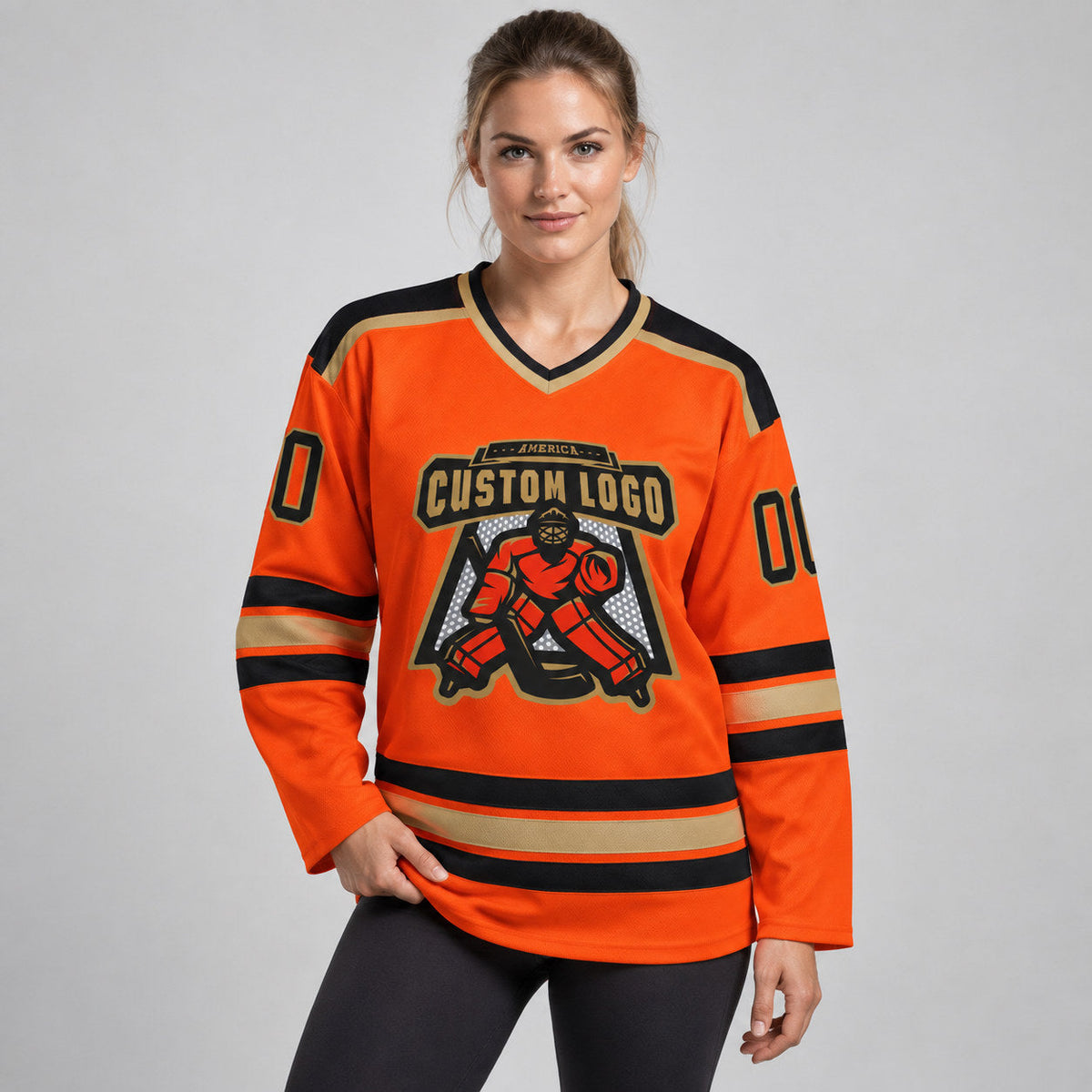 Custom Orange Hockey Jersey with Black and Old Gold Lettering Design 0237 worn by female model