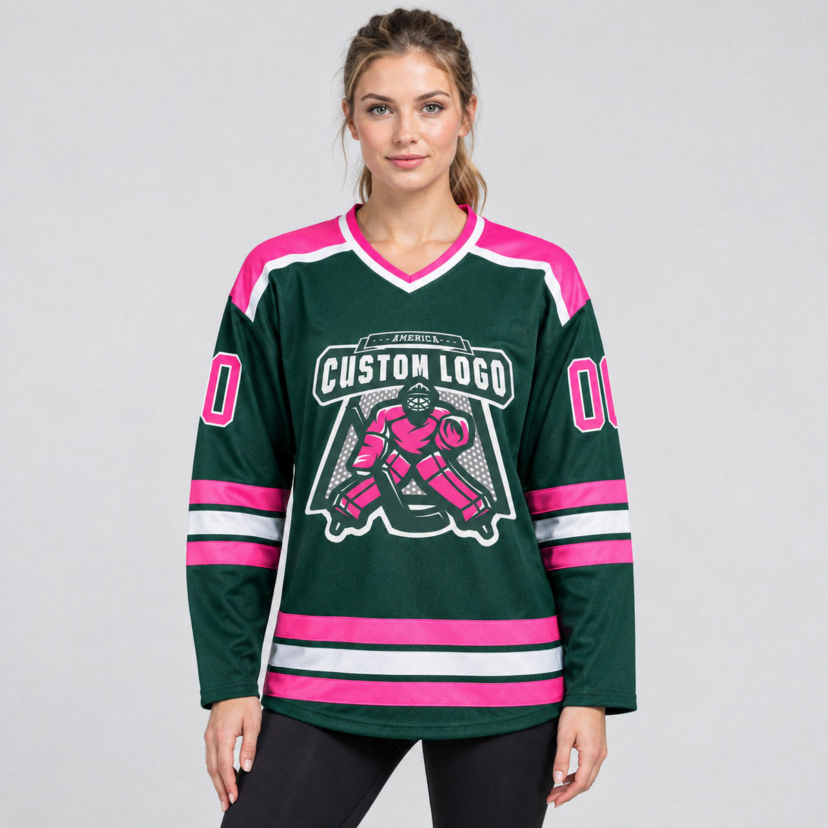 Custom Green Hockey Jersey with Pink and White Lettering Design 0173 worn by female model