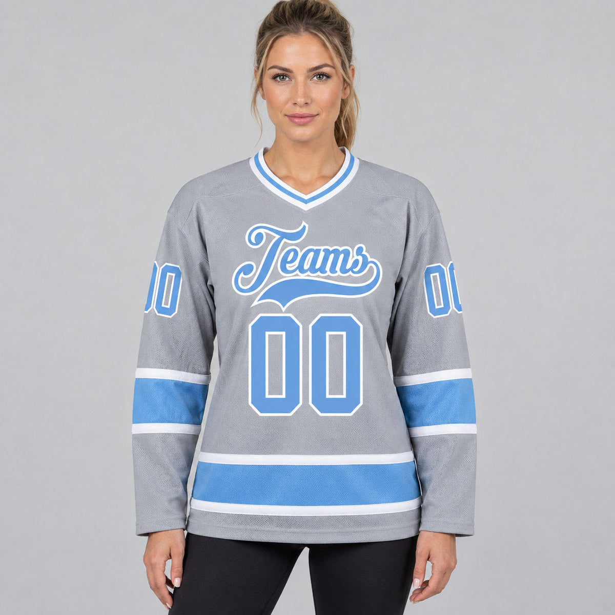 Custom Gray Hockey Jersey with Light Blue and White Lettering Design 0280 worn by female model