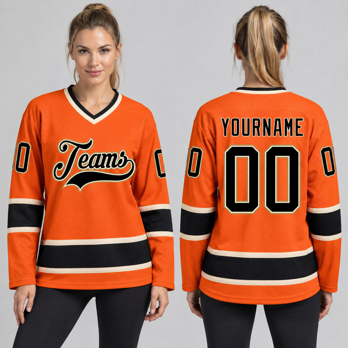 Custom Orange Hockey Jersey with Black and Cream Lettering worn by female model