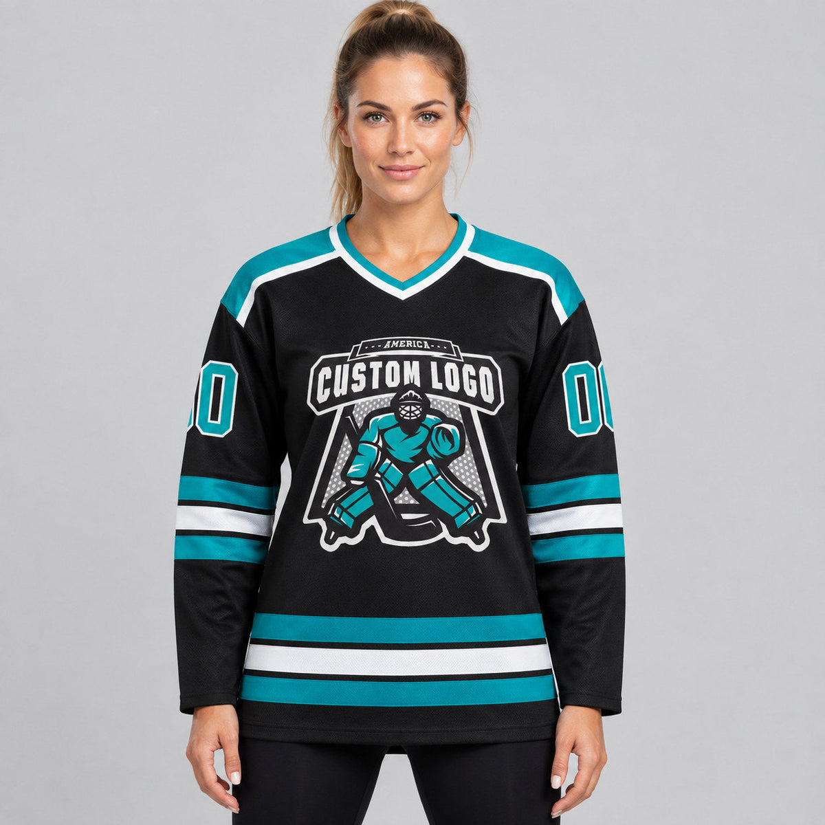 Custom Black Hockey Jersey with Aqua and White Lettering worn by female model