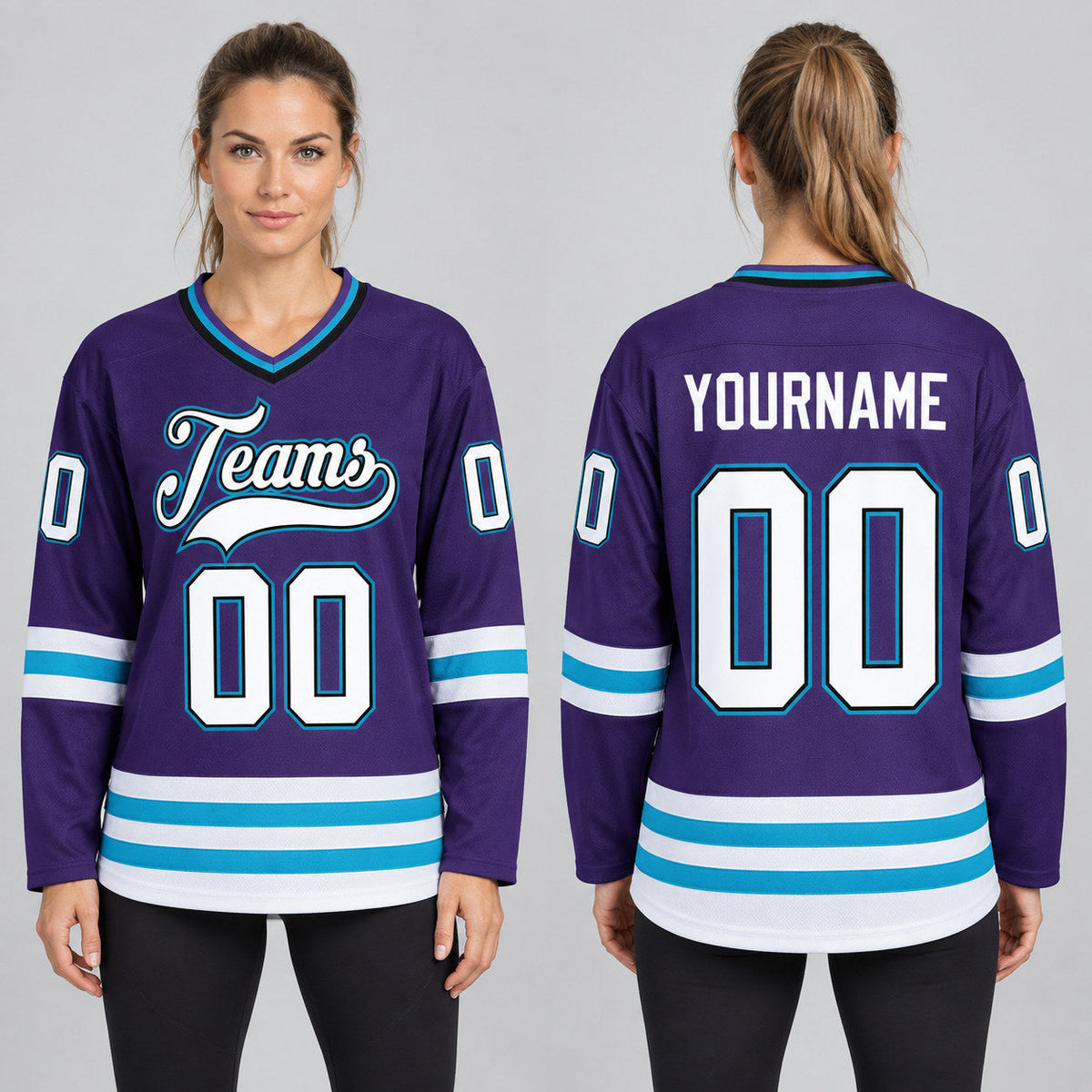 Custom Purple Hockey Jersey with White and Teal Lettering worn by female model