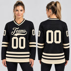 Custom Black Hockey Jersey with Cream Lettering worn by female model