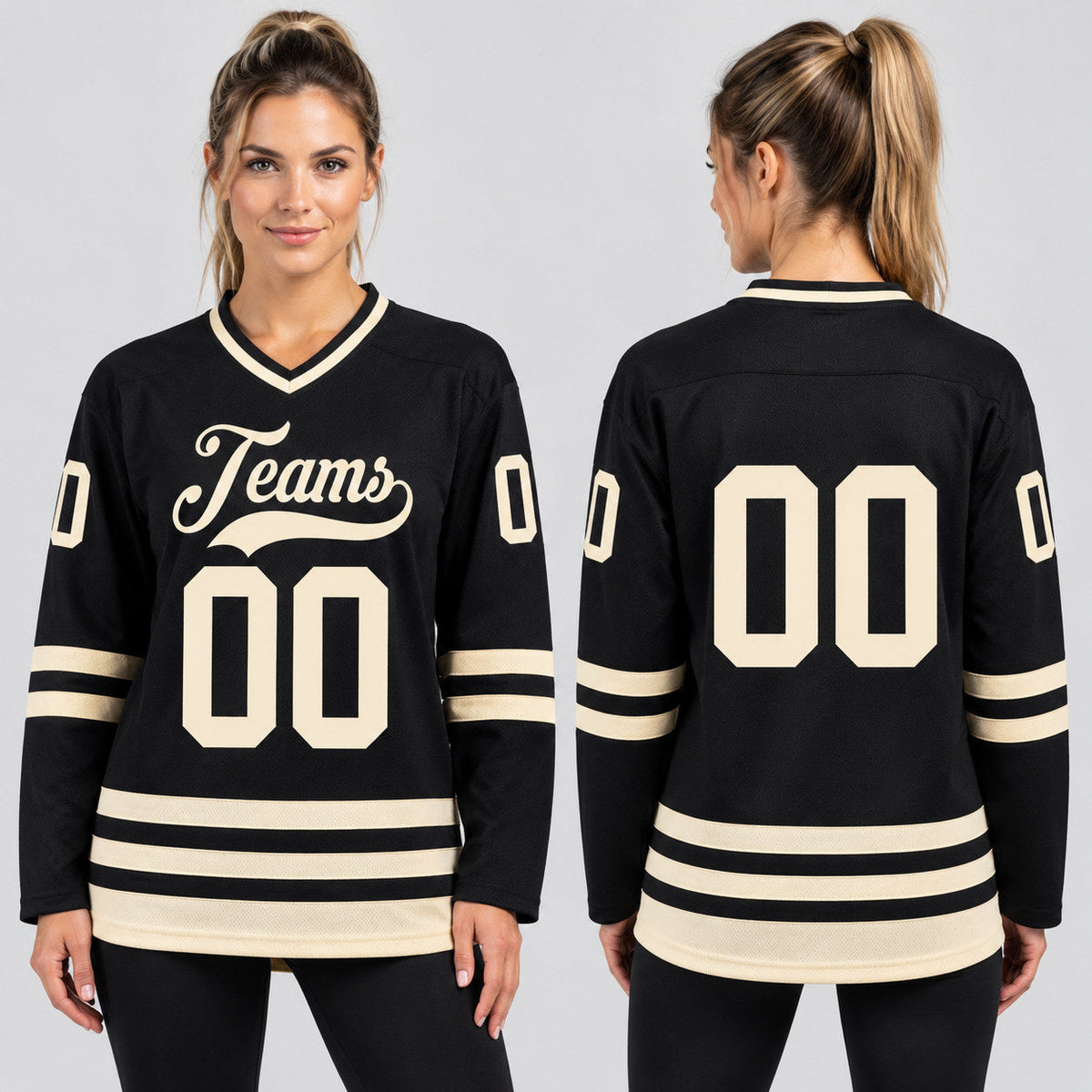 Custom Black Hockey Jersey with Cream Lettering worn by female model