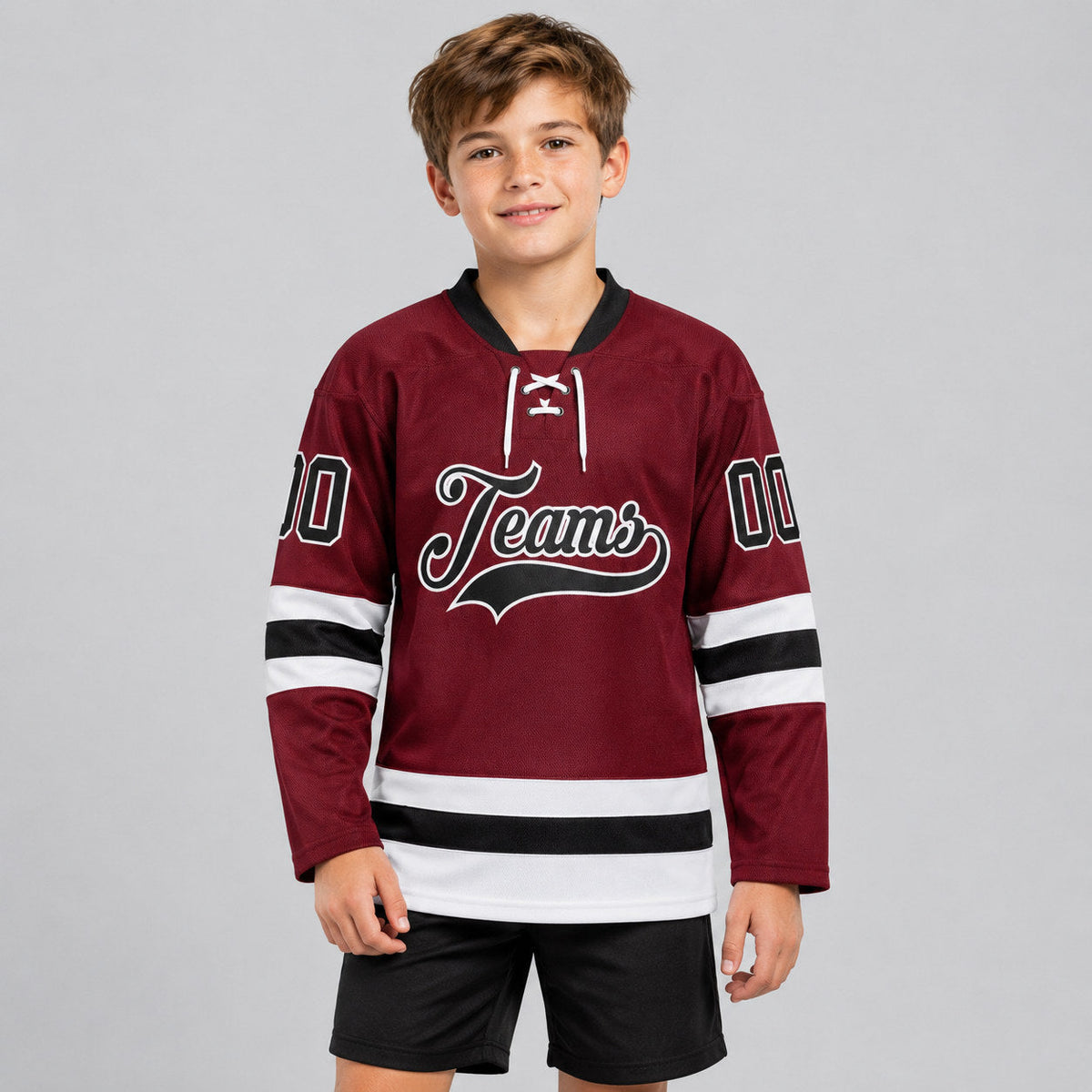 Custom Burgundy Lace Neck Hockey Jersey with Black and White Lettering youth size worn by child model