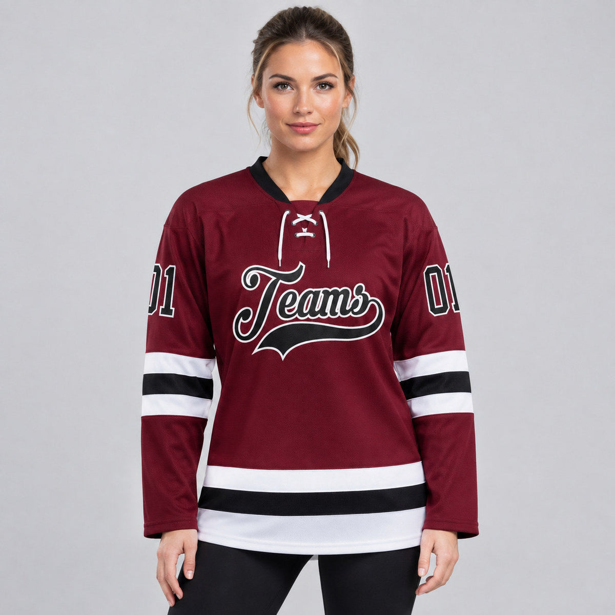 Custom Burgundy Lace Neck Hockey Jersey with Black and White Lettering worn by female model