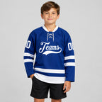 Custom Royal Lace Neck Hockey Jersey with White Lettering youth size worn by child model