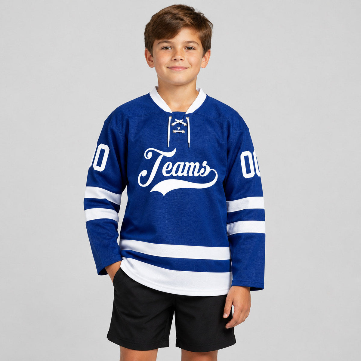 Custom Royal Lace Neck Hockey Jersey with White Lettering youth size worn by child model