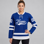 Custom Royal Lace Neck Hockey Jersey with White Lettering worn by female model