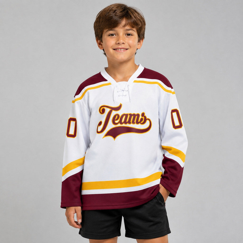 Custom White Lace Neck Hockey Jersey with Burgundy and Gold Lettering Design 1491 youth size worn by child model