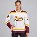 Custom White Lace Neck Hockey Jersey with Burgundy and Gold Lettering Design 1491 worn by female model