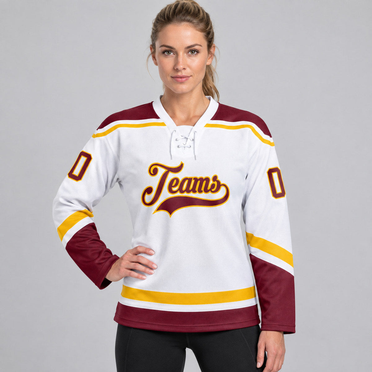 Custom White Lace Neck Hockey Jersey with Burgundy and Gold Lettering Design 1491 worn by female model