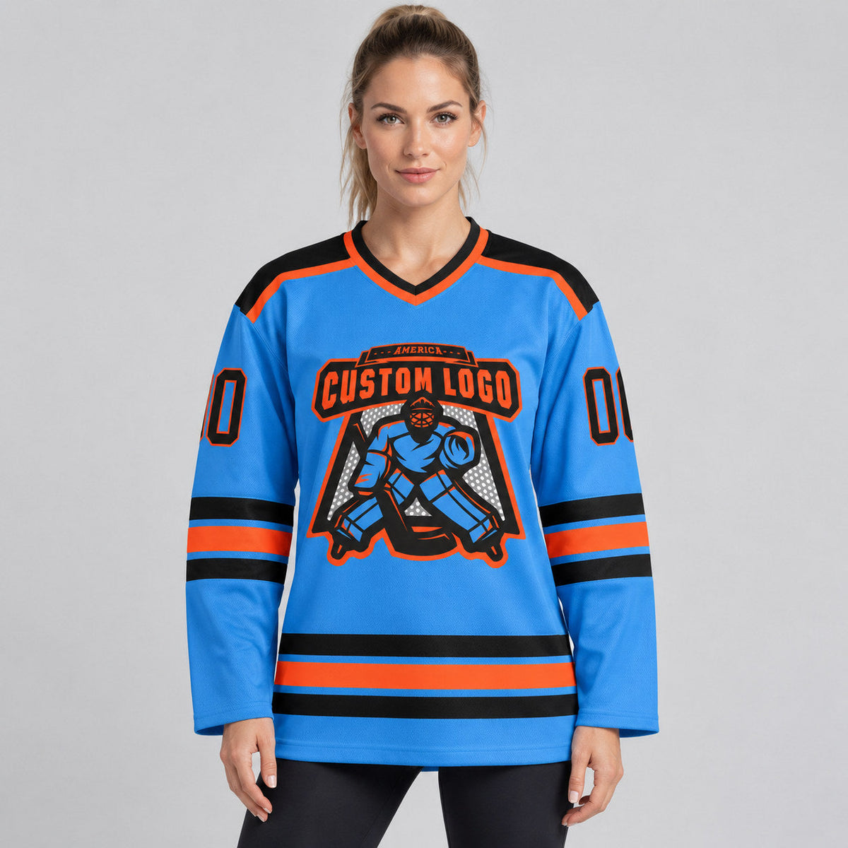Custom Powder Blue Hockey Jersey with Black and Orange Lettering Design 0169 worn by female model
