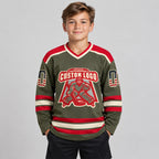 Custom Olive Vintage USA Flag Salute Hockey Jersey with Cream and Red Lettering youth size worn by child model