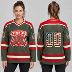 Custom Olive Vintage USA Flag Salute Hockey Jersey with Cream and Red Lettering worn by female model