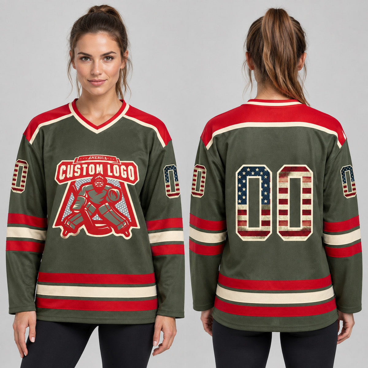 Custom Olive Vintage USA Flag Salute Hockey Jersey with Cream and Red Lettering worn by female model