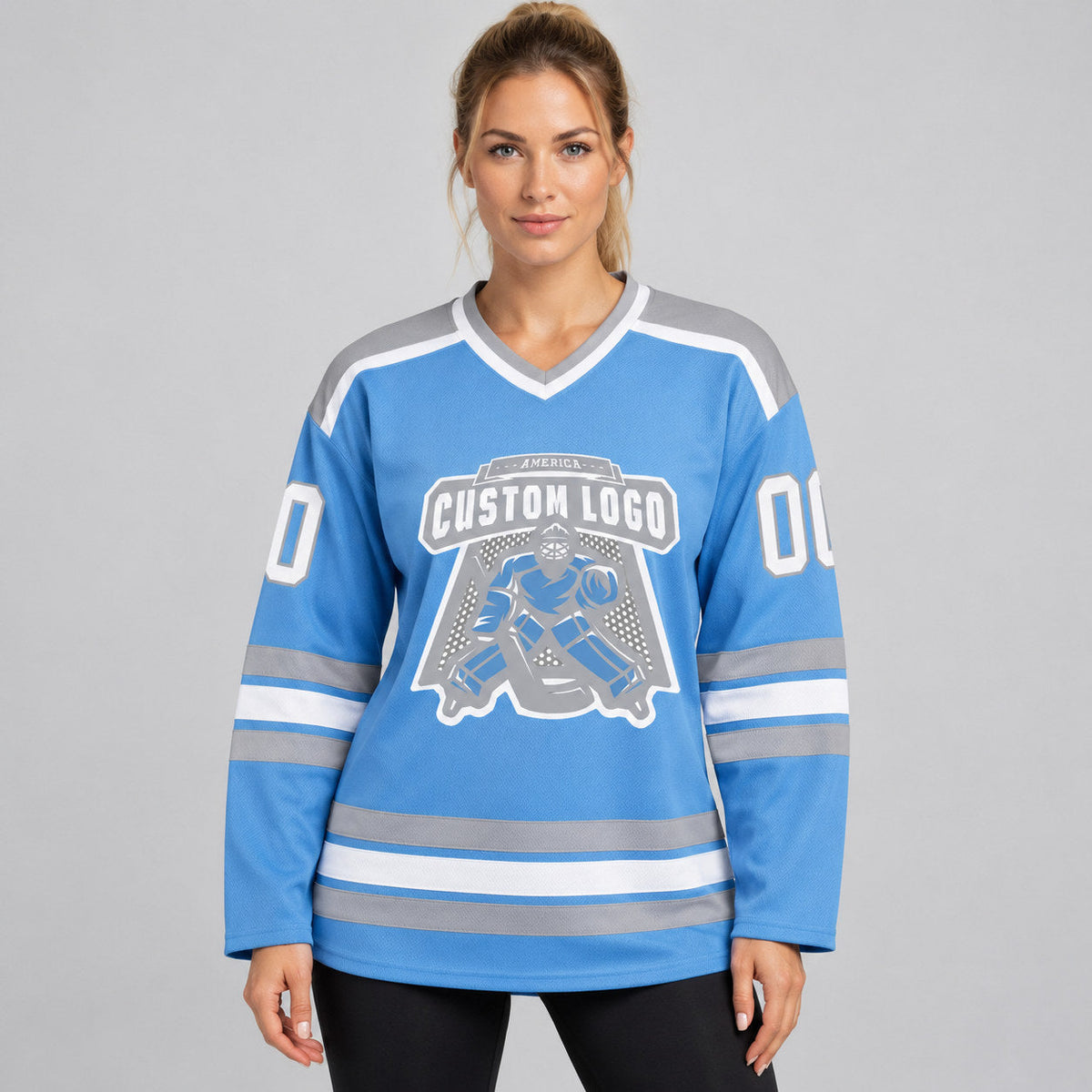 Custom Light Blue Hockey Jersey with White and Gray Lettering Design 0277 worn by female model