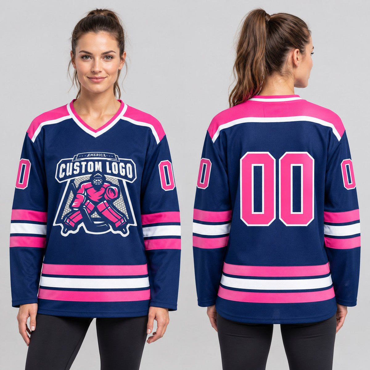 Custom Royal Hockey Jersey with Pink and White Lettering worn by female model