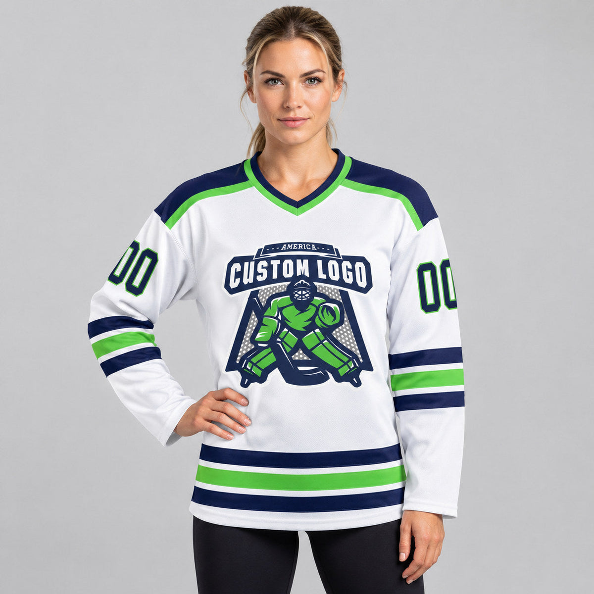 Custom White Hockey Jersey with Navy and Neon Green Lettering Design 1078 worn by female model