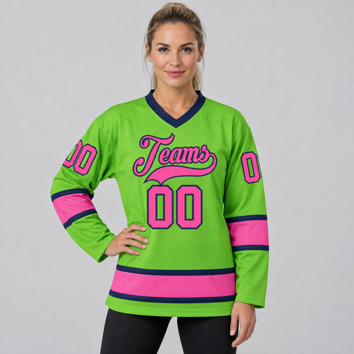 Custom Neon Green Hockey Jersey with Pink and Navy Lettering worn by female model