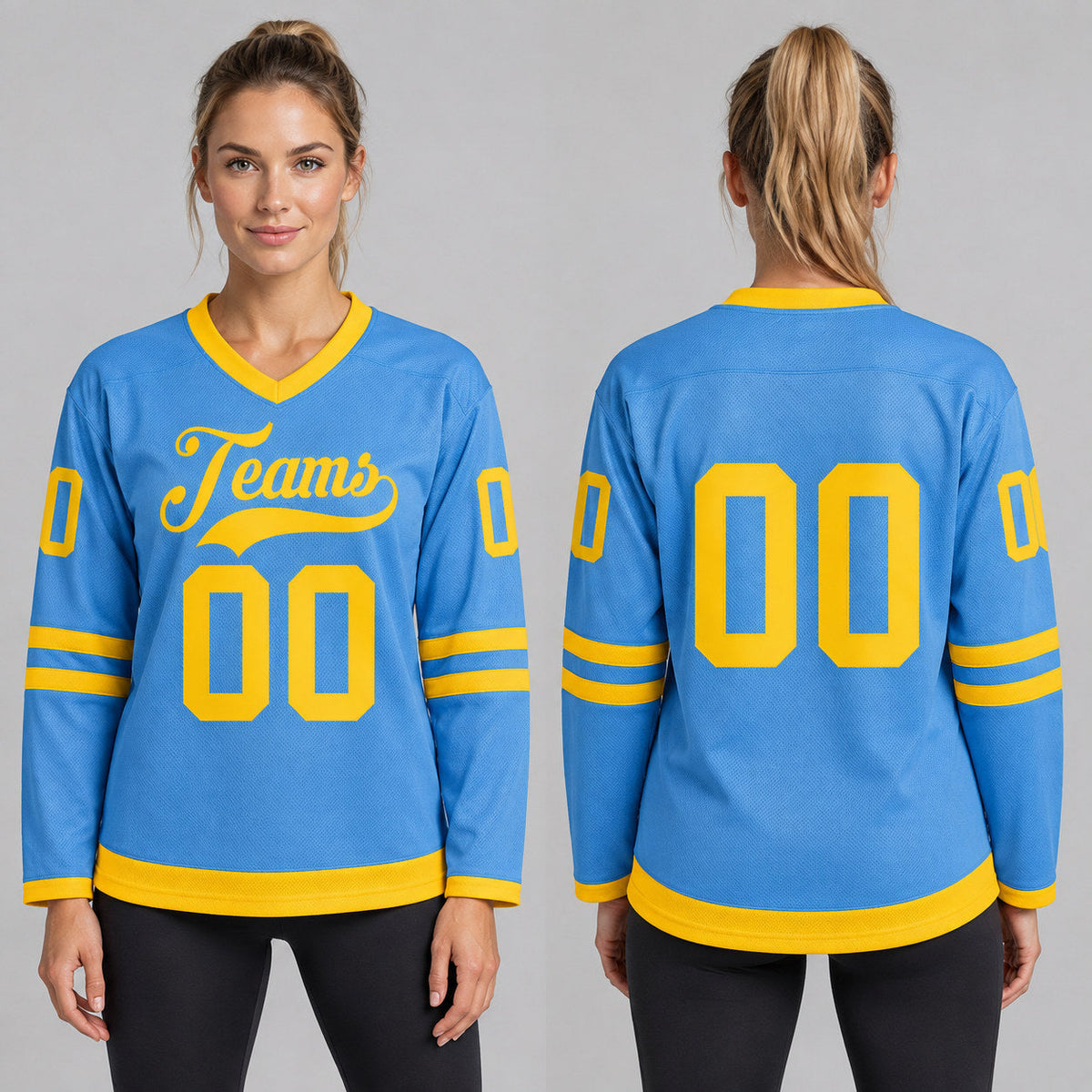 Custom Light Blue Hockey Jersey with Gold Lettering worn by female model