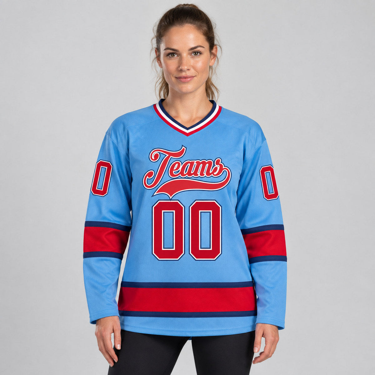 Custom Light Blue Hockey Jersey with Red and Navy Lettering worn by female model
