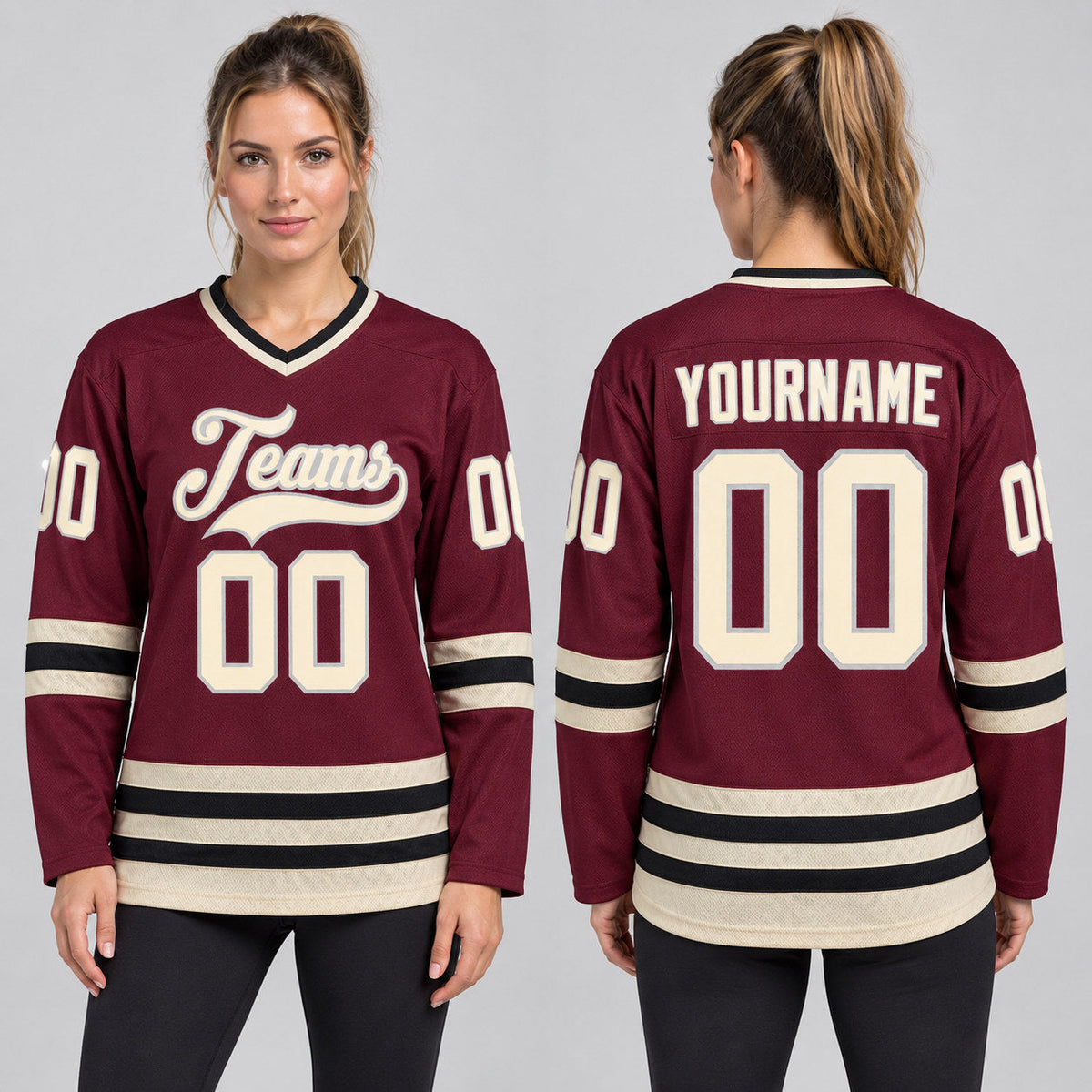 Custom Burgundy Hockey Jersey with Cream and Black Lettering Design 0039 worn by female model