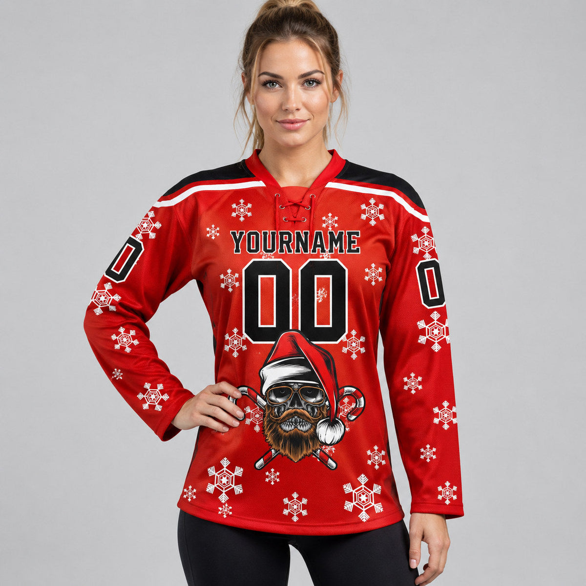 Custom Red Christmas Dog Wearing Santa Claus Lace Neck Hockey Jersey with Black and White Lettering worn by female model