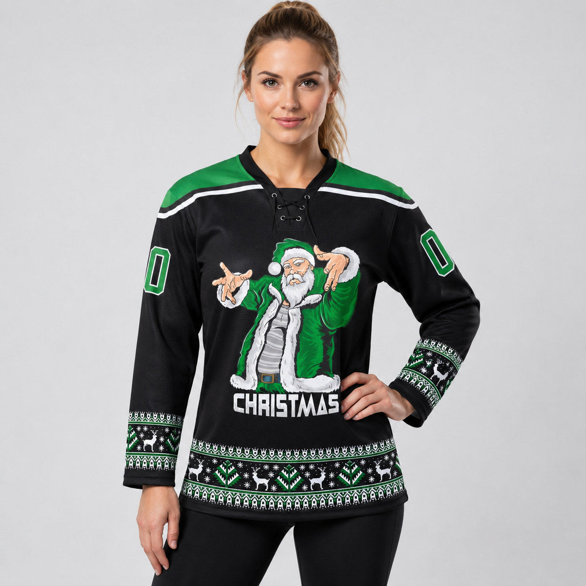 Custom Black Christmas Santa Claus Lace Neck Hockey Jersey with Grass Green and White Lettering Design 1885 worn by female model