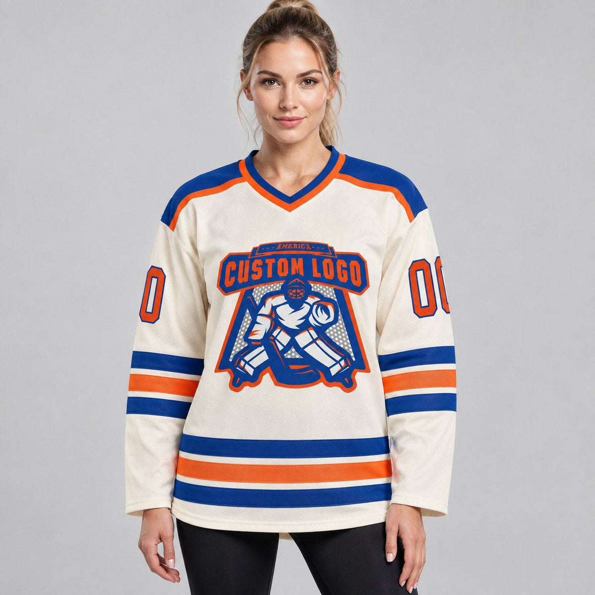 Custom Cream Hockey Jersey with Orange and Royal Lettering Design 0298 worn by female model