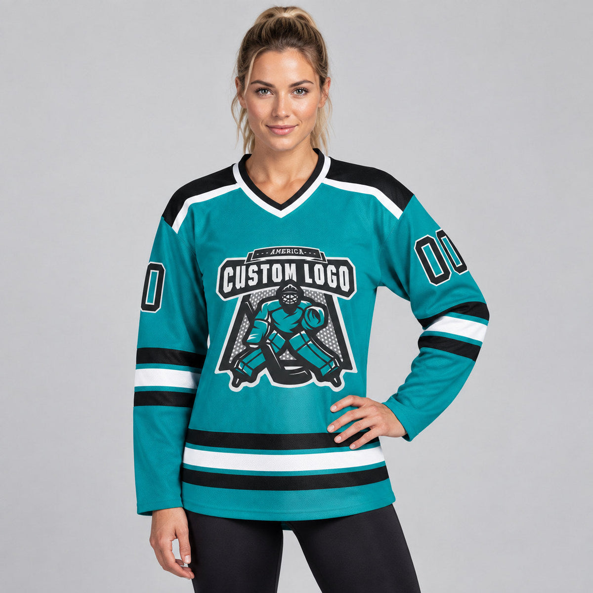 Custom Aqua Hockey Jersey with Black and White Lettering worn by female model