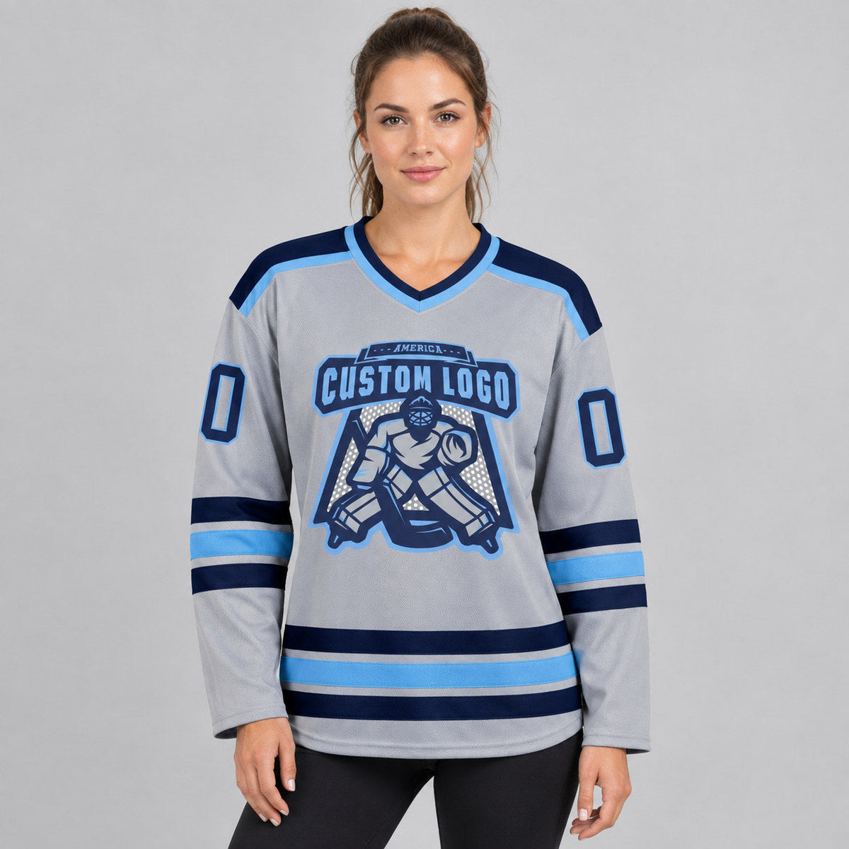 Custom Gray Hockey Jersey with Navy and Light Blue Lettering Design 0364 worn by female model