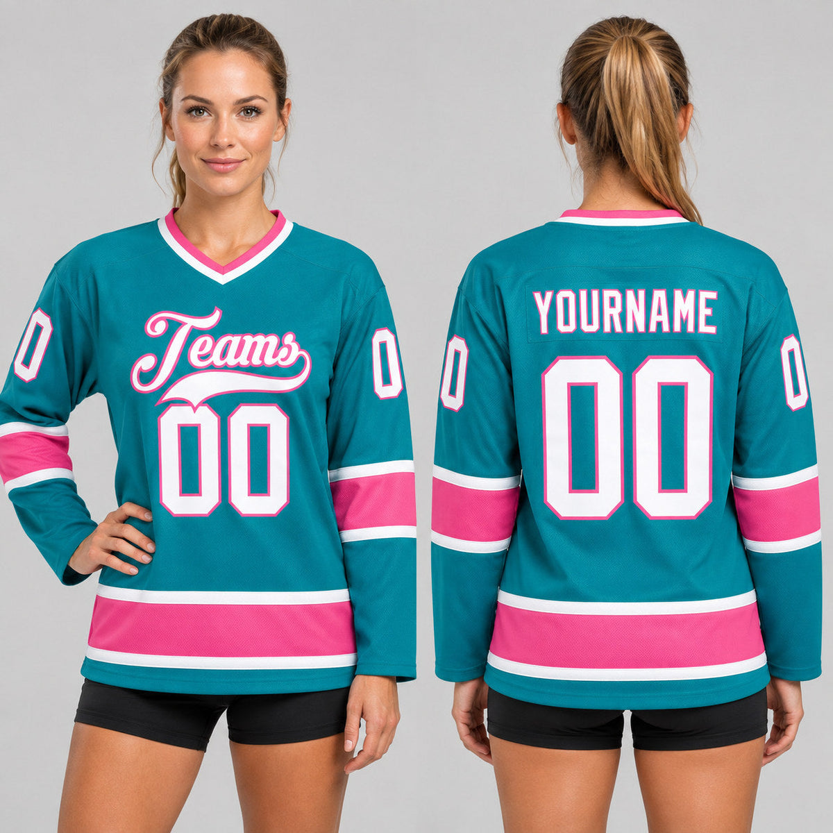Custom Aqua Hockey Jersey with White and Pink Lettering worn by female model