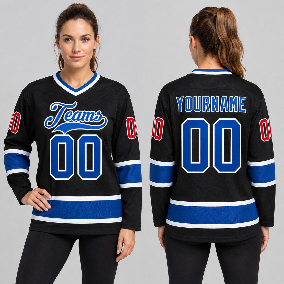 Custom Black Hockey Jersey with Royal and Red Lettering Design 0669 worn by female model