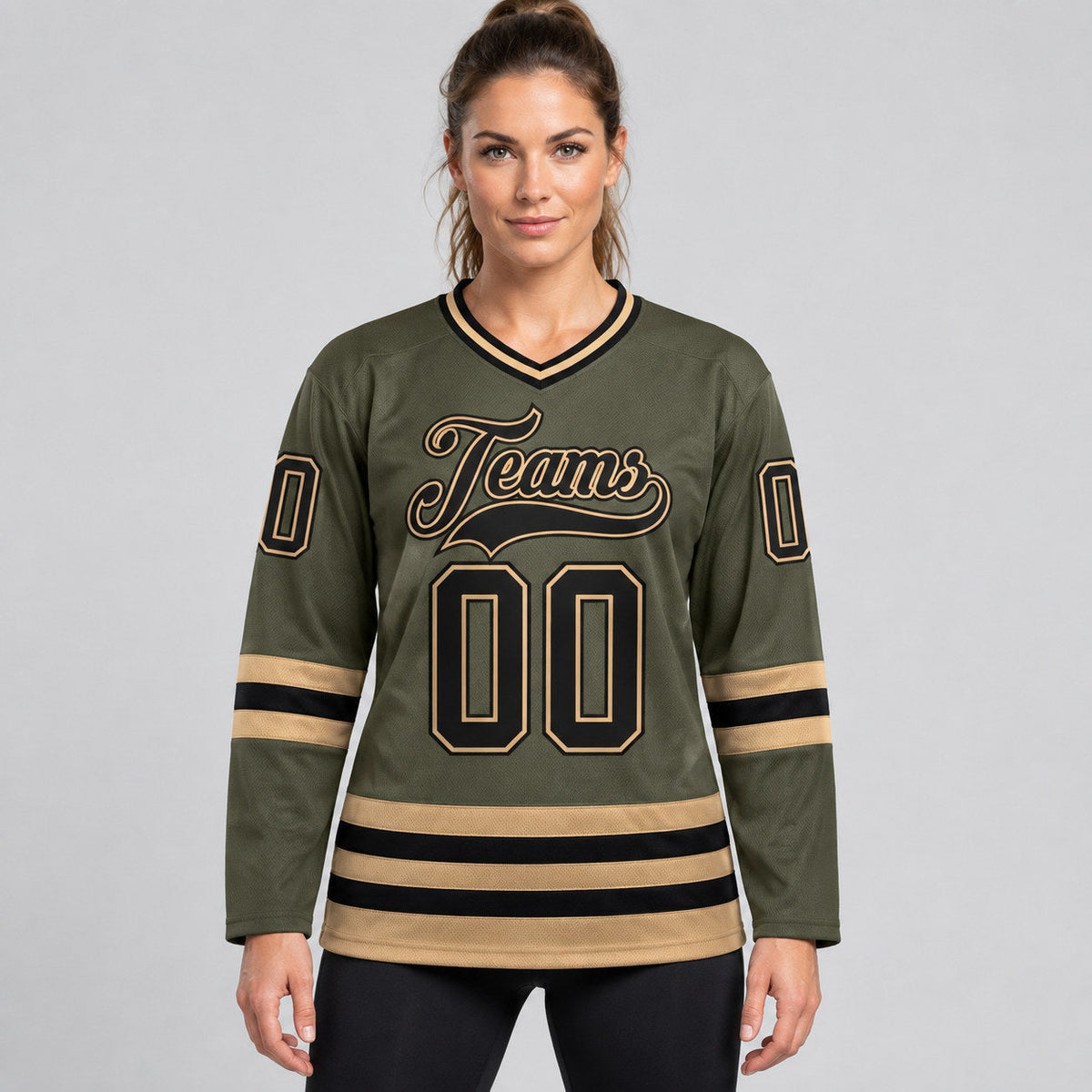 Custom Olive Salute To Service Hockey Jersey with Black and Old Gold Lettering Design 0078 worn by female model