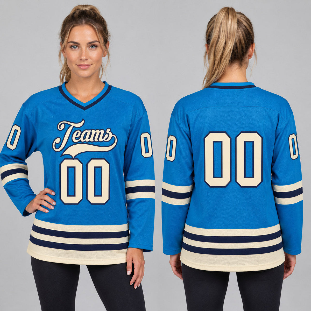 Custom Blue Hockey Jersey with Cream and Navy Lettering worn by female model