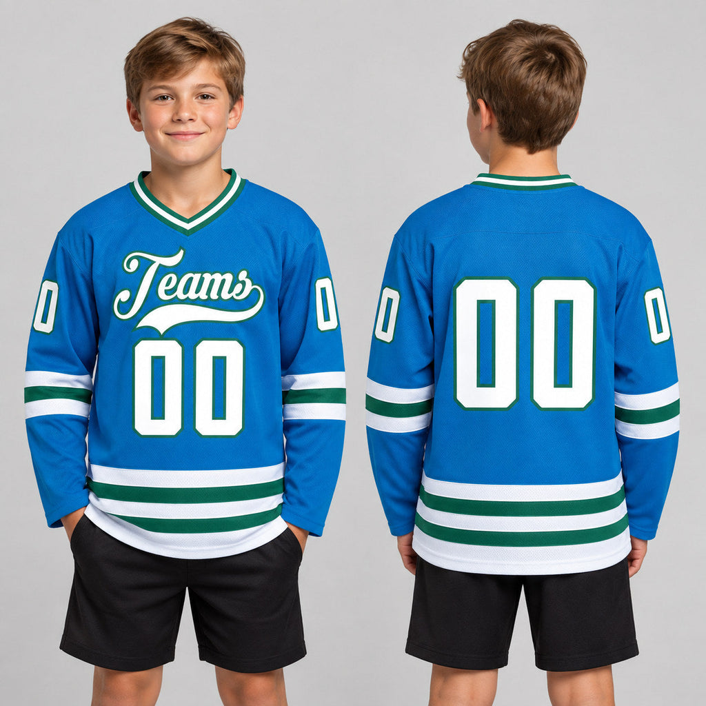 Custom Blue Hockey Jersey with White and Kelly Green Lettering youth size worn by child model