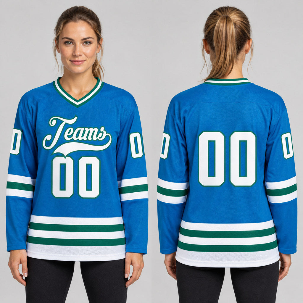Custom Blue Hockey Jersey with White and Kelly Green Lettering worn by female model