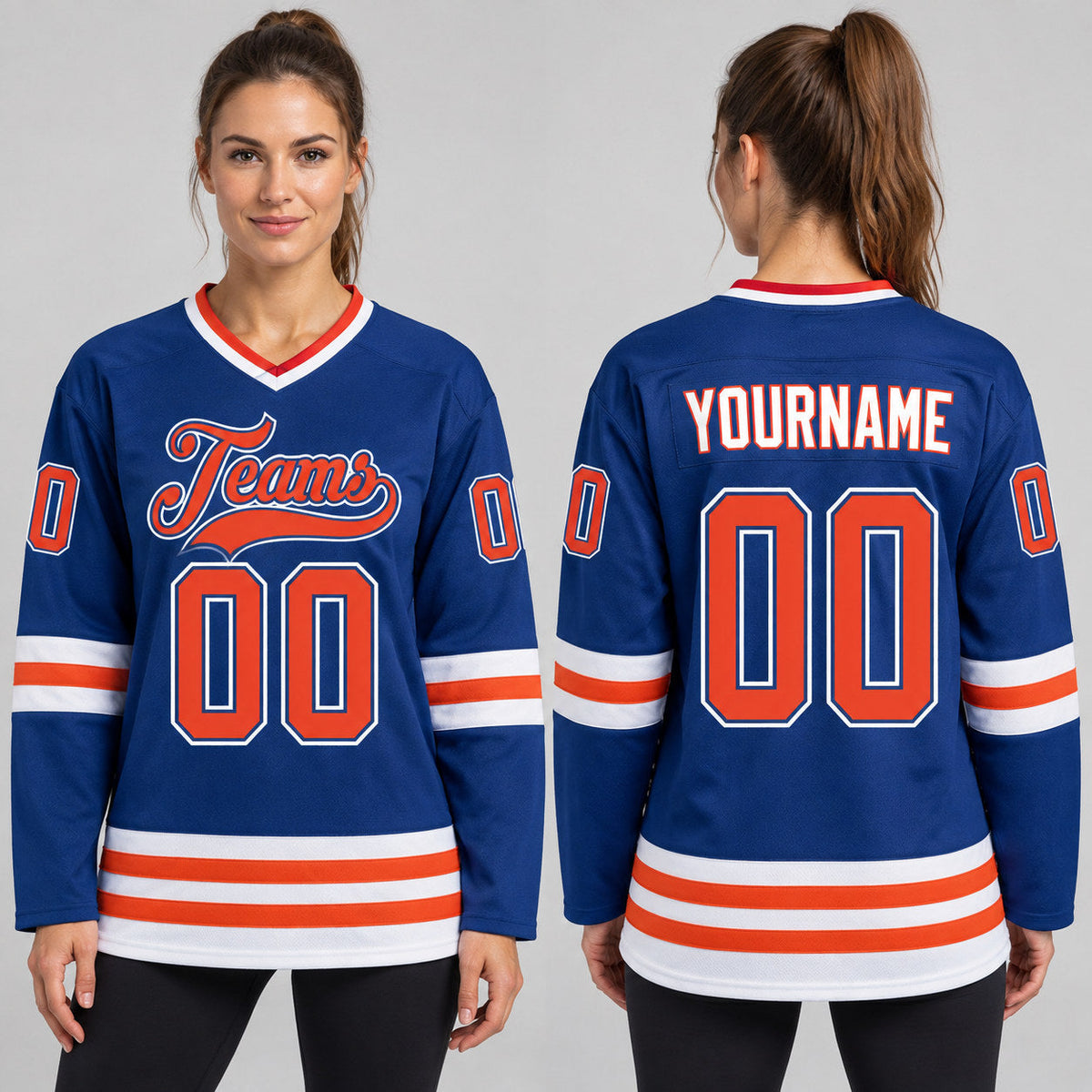 Custom Royal Hockey Jersey with Orange and White Lettering Design 0211 worn by female model