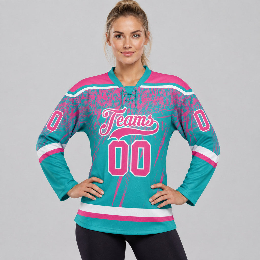 Custom Aqua Splash Lace Neck Hockey Jersey with Pink and White Lettering worn by female model