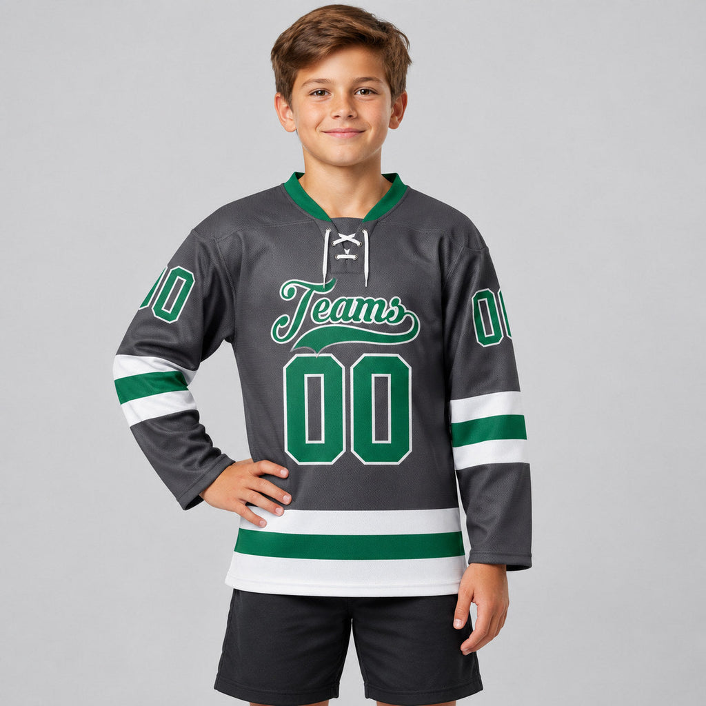 Custom Steel Gray Lace Neck Hockey Jersey with Kelly Green and White Lettering youth size worn by child model