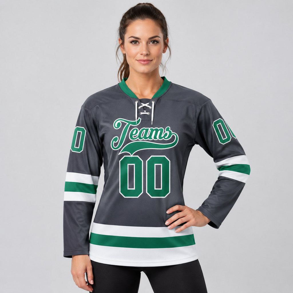 Custom Steel Gray Lace Neck Hockey Jersey with Kelly Green and White Lettering worn by female model