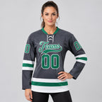 Custom Steel Gray Lace Neck Hockey Jersey with Kelly Green and White Lettering worn by female model