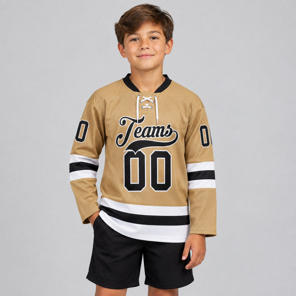 Custom Old Gold Lace Neck Hockey Jersey with Black and White Lettering Design 0119 youth size worn by child model